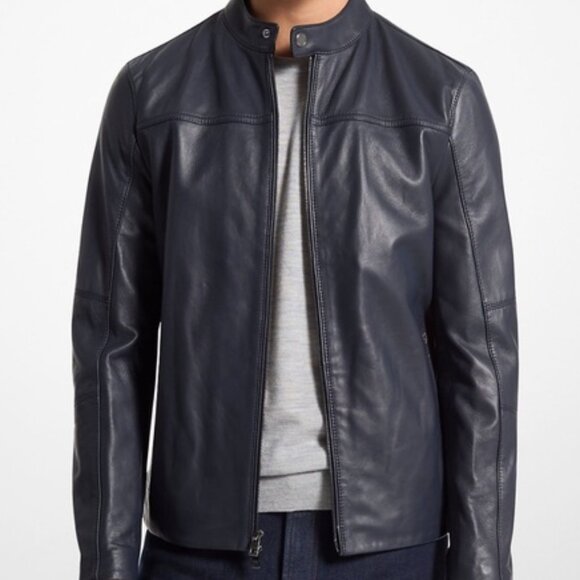 NWT MICHAEL KORS MENS Genuine Lambskin Leather dark gray Racer 💗💗💗💗💗💗 - Picture 1 of 11